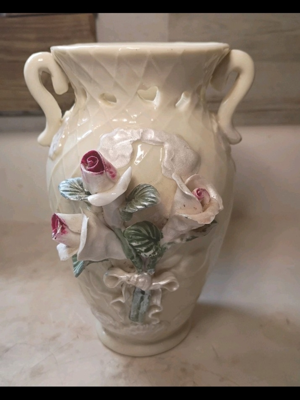 Vintage Capodimonte Style Floral Vase - 7" Cream/Pink